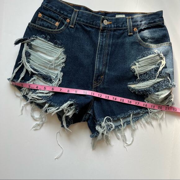 Vintage Levi’s Jean Shorts 30" Custom Distressed High Rise Blue Denim Dark Wash - Picture 12 of 13
